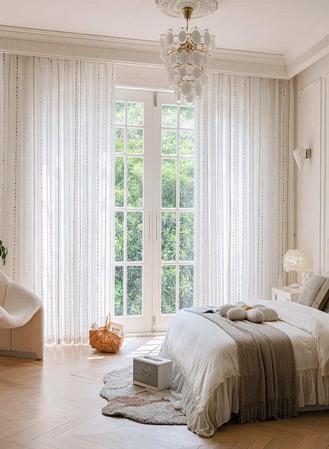 SUOUO Colorful Embroidered Striped Boho White Sheer Curtains for Living Room 96 inches Long 2 Panels Rod Pocket Light Filtering Window Drapes for Bedroom Dining - Image 2